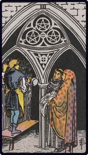 Trois de Deniers - Carte du tarot représentant le travail et la compétence