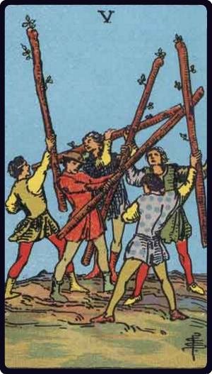 Cinq de Bâtons - Carte du tarot représentant le conflit